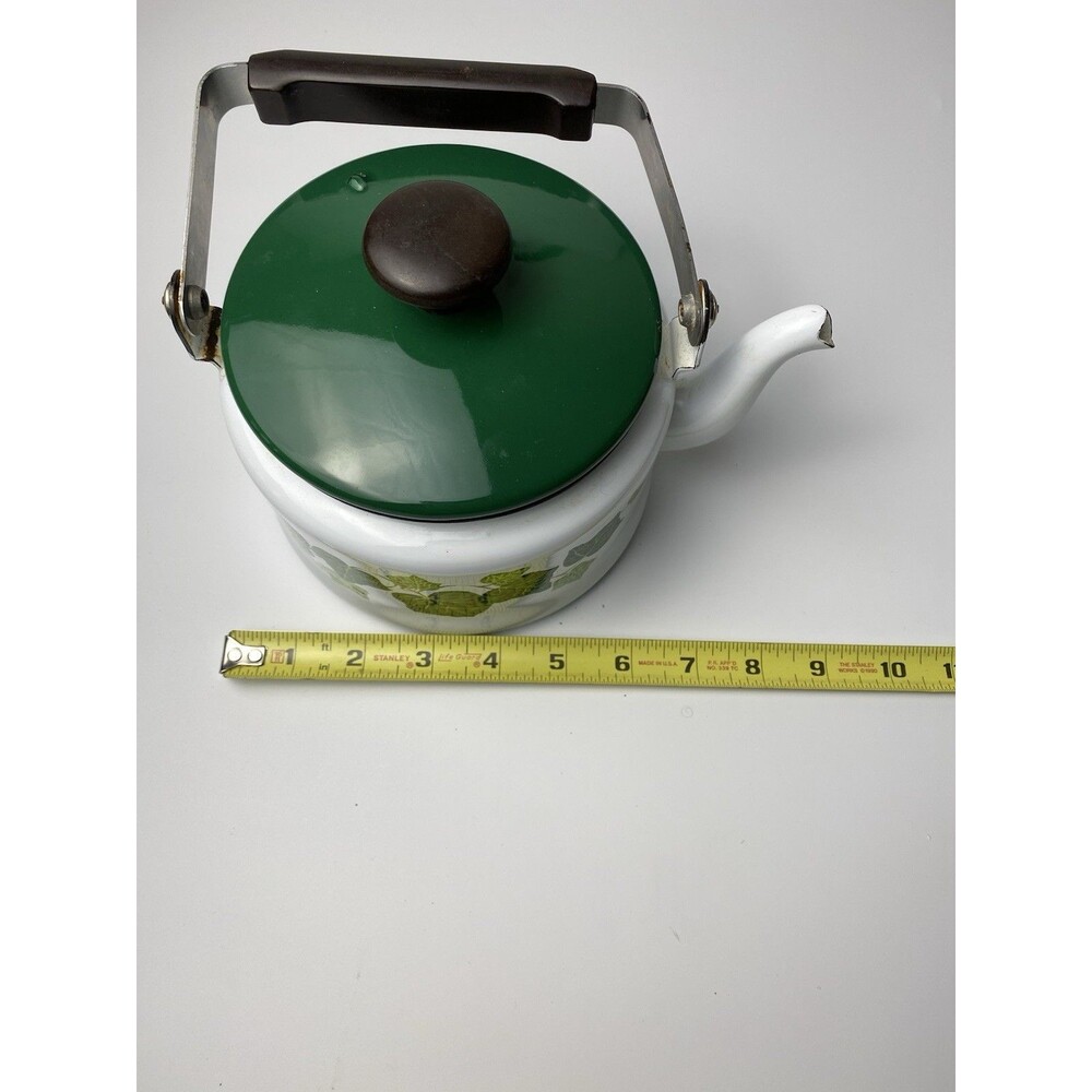 Vintage Porcelain Enamelware Ivy Pattern Tea Pot Kettle Cottage Kitchen Green - Picture 7 of 7